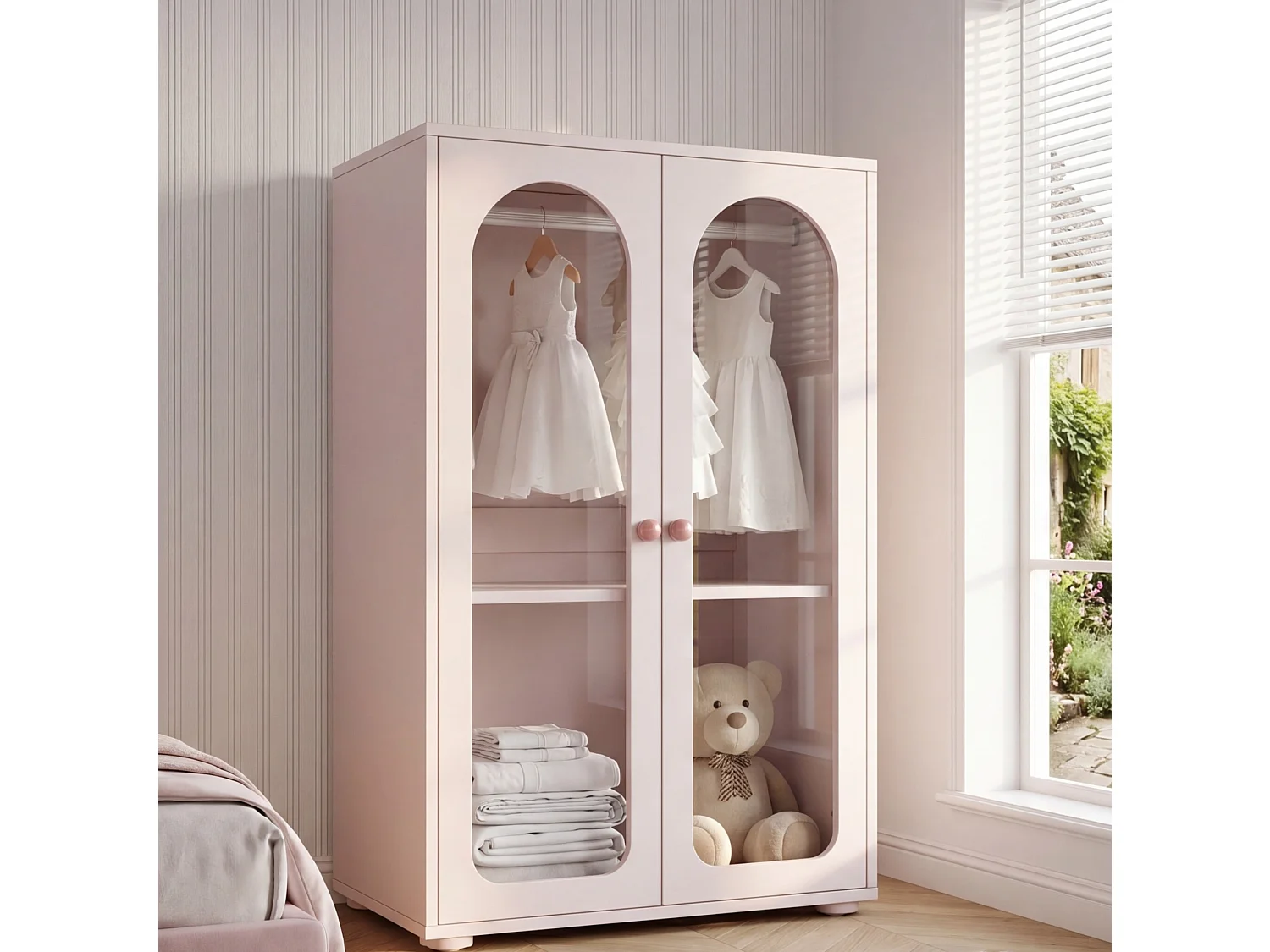 Armoire enfant rose avec 2 portes en acrylique et tringle - MDF