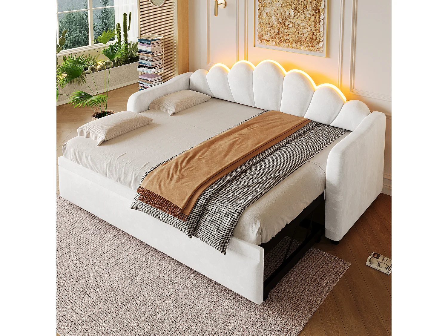 Dagbädd 90 x 200 cm omvandlingsbar till 180 x 200 cm med LED-lampor - Barnsäng i vit sammet