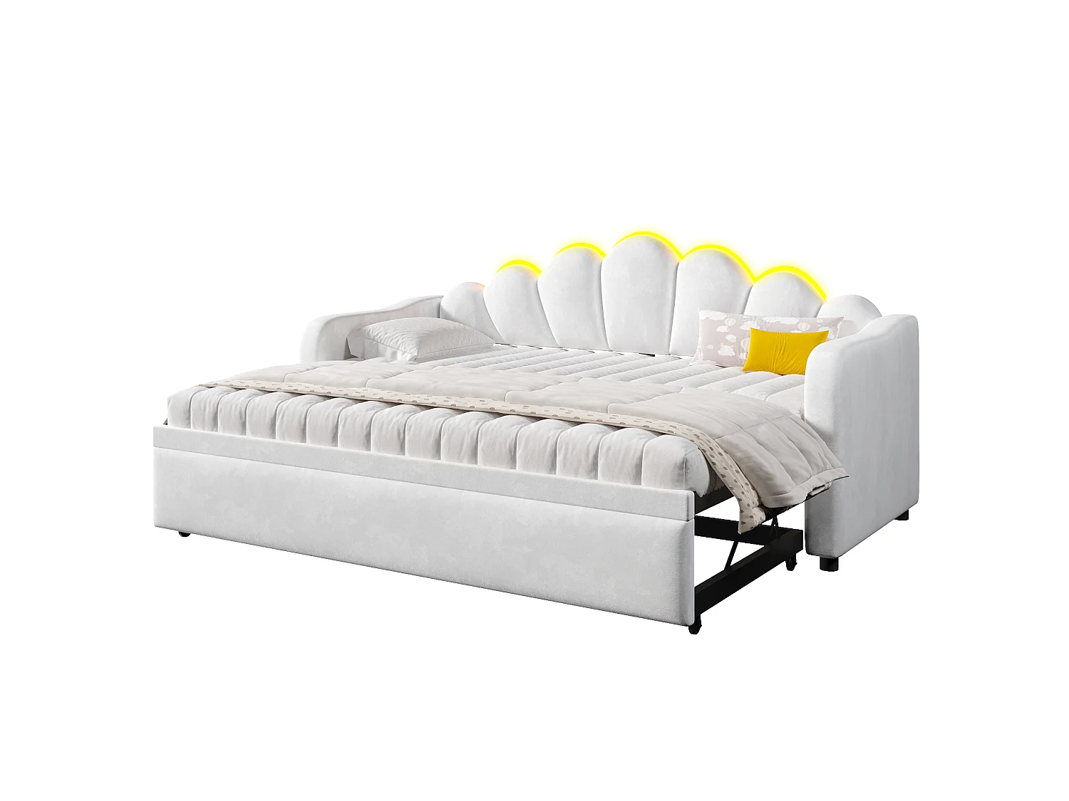 Dagbädd 90 x 200 cm omvandlingsbar till 180 x 200 cm med LED-lampor - Barnsäng i vit sammet
