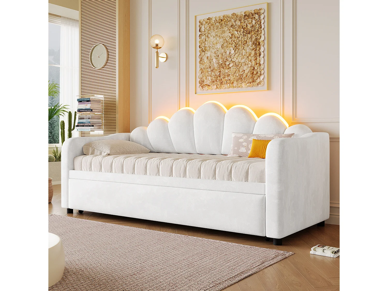 Dagbädd 90 x 200 cm omvandlingsbar till 180 x 200 cm med LED-lampor - Barnsäng i vit sammet