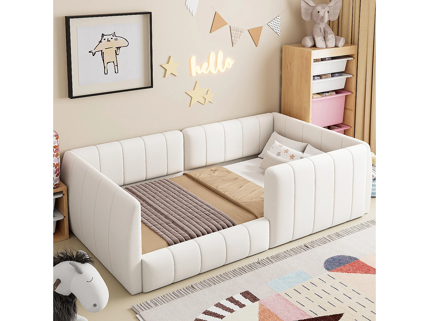 Lit enfant 90x200 cm tissu en velours beige avec barrières de sécurité