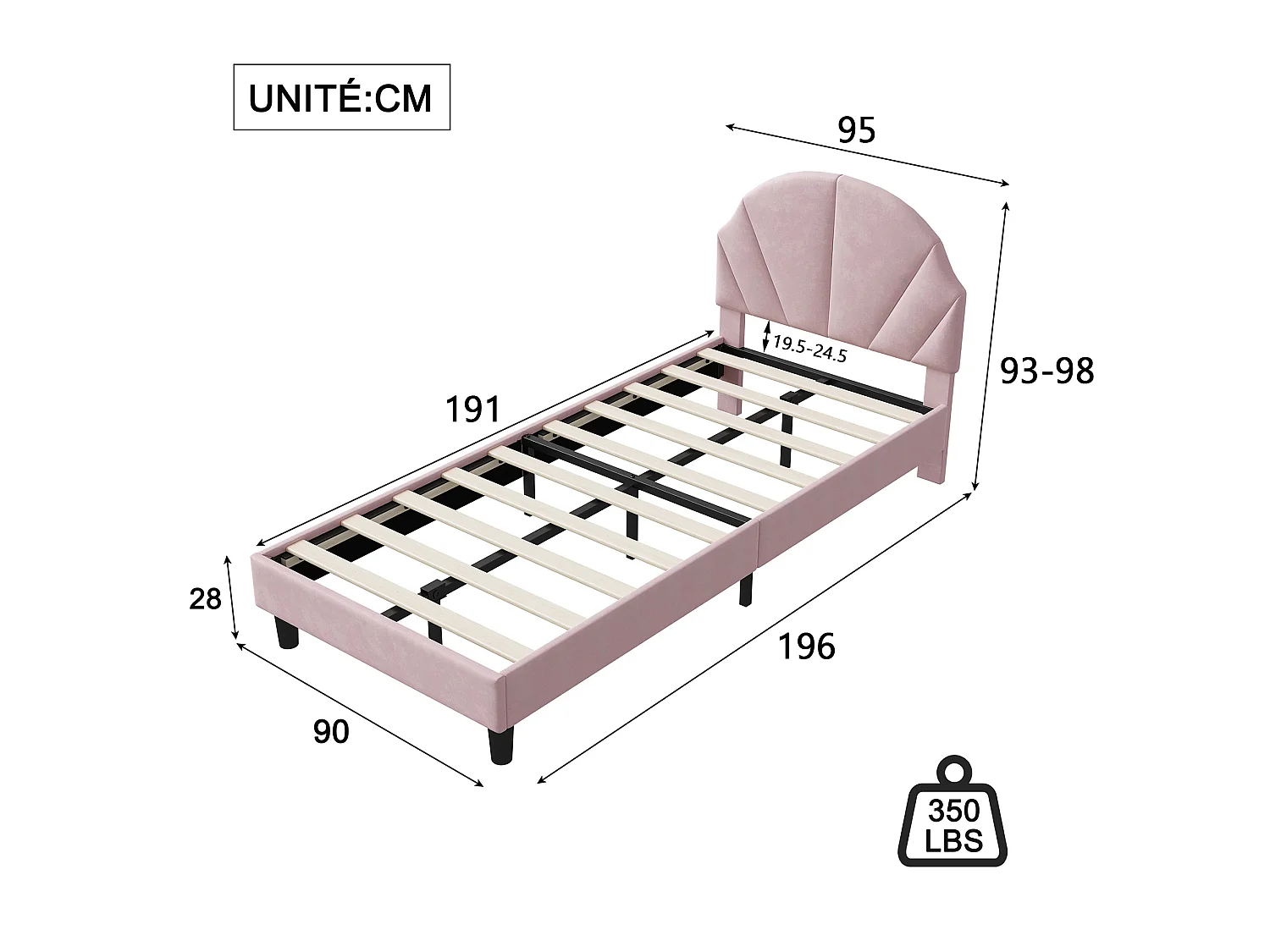 Lit Simple 90x190 cm, Lit Enfant Fille avec Tête de Lits Réglable en Hauteur, Cadre de Lit Capitonné pour Adolescent, Sommier à Lattes, Velours, Rose