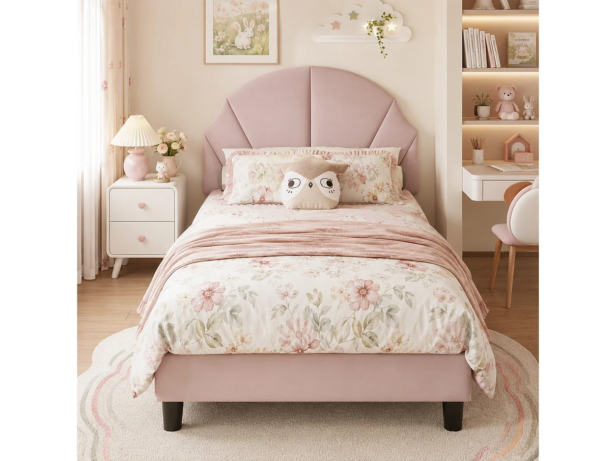 Lit Simple 90x190 cm, Lit Enfant Fille avec Tête de Lits Réglable en Hauteur, Cadre de Lit Capitonné pour Adolescent, Sommier à Lattes, Velours, Rose