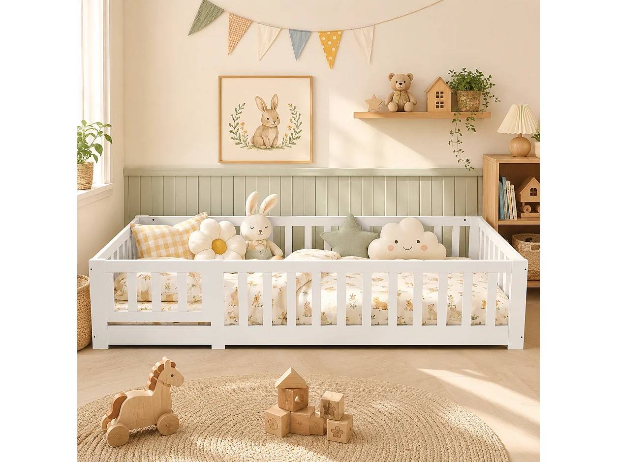 Lit Enfant 90x200 cm, Lit au Sol avec Barrière de Sécurité et Sommier à Lattes, Lits Montessori pour Garçons et Filles, Charge Jusqu’à 100 kg, Blanc
