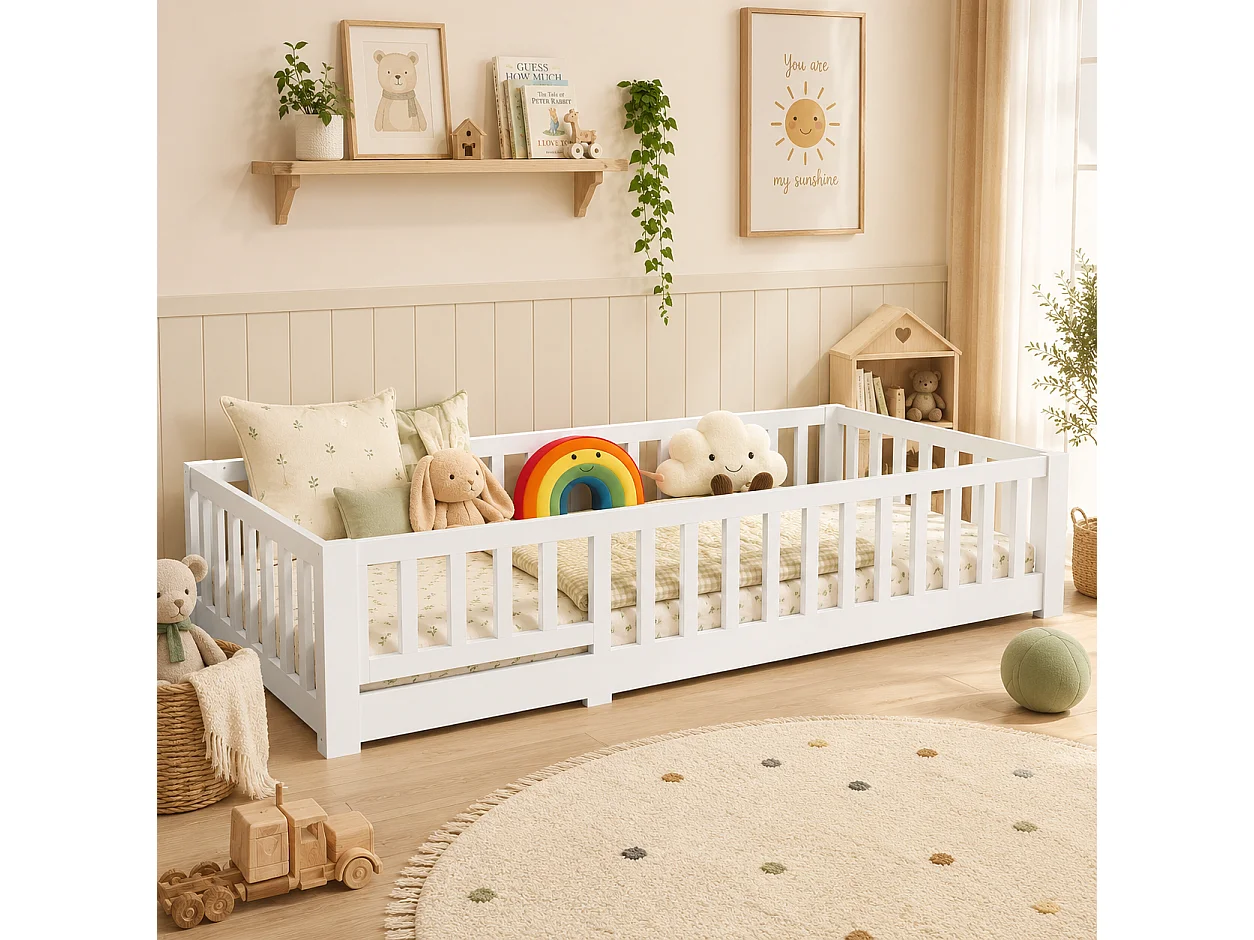 Lit Enfant 90x200 cm, Lit au Sol avec Barrière de Sécurité et Sommier à Lattes, Lits Montessori pour Garçons et Filles, Charge Jusqu’à 100 kg, Blanc