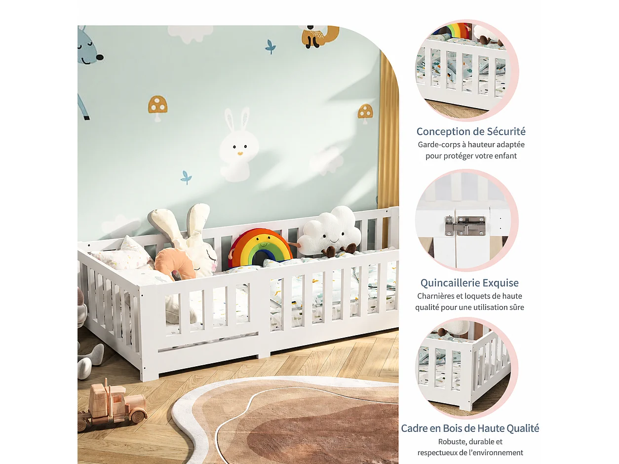 Lit Enfant 90x200 cm, Lit au Sol avec Barrière de Sécurité et Sommier à Lattes, Lits Montessori pour Garçons et Filles, Charge Jusqu’à 100 kg, Blanc