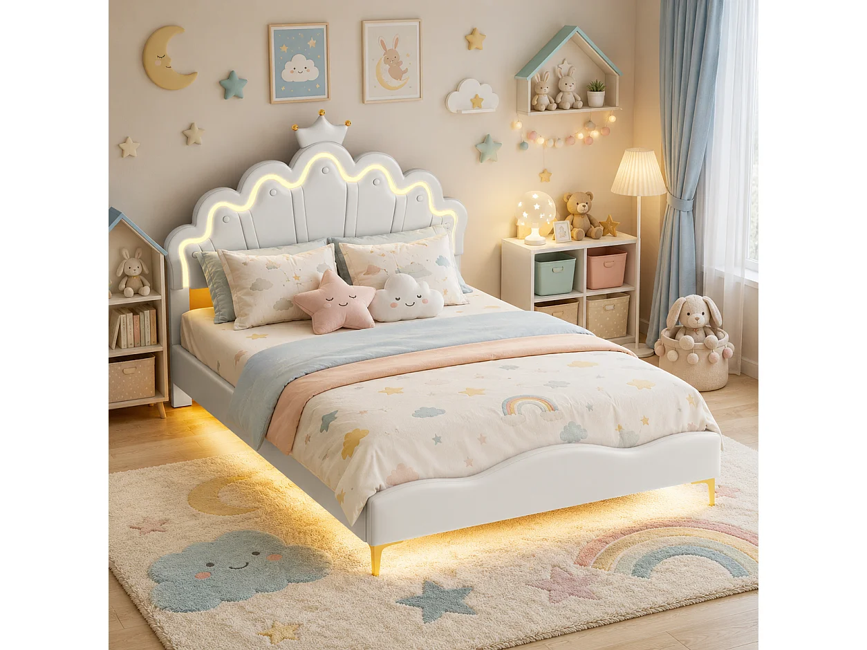 Lit Enfant 140x200 cm, Lit Adolescente Fille en Forme de Couronne, LED Lit Princesse avec Tête de Lits Réglabe, Cadre Lit 1 Place en Nuages, Blanc PU