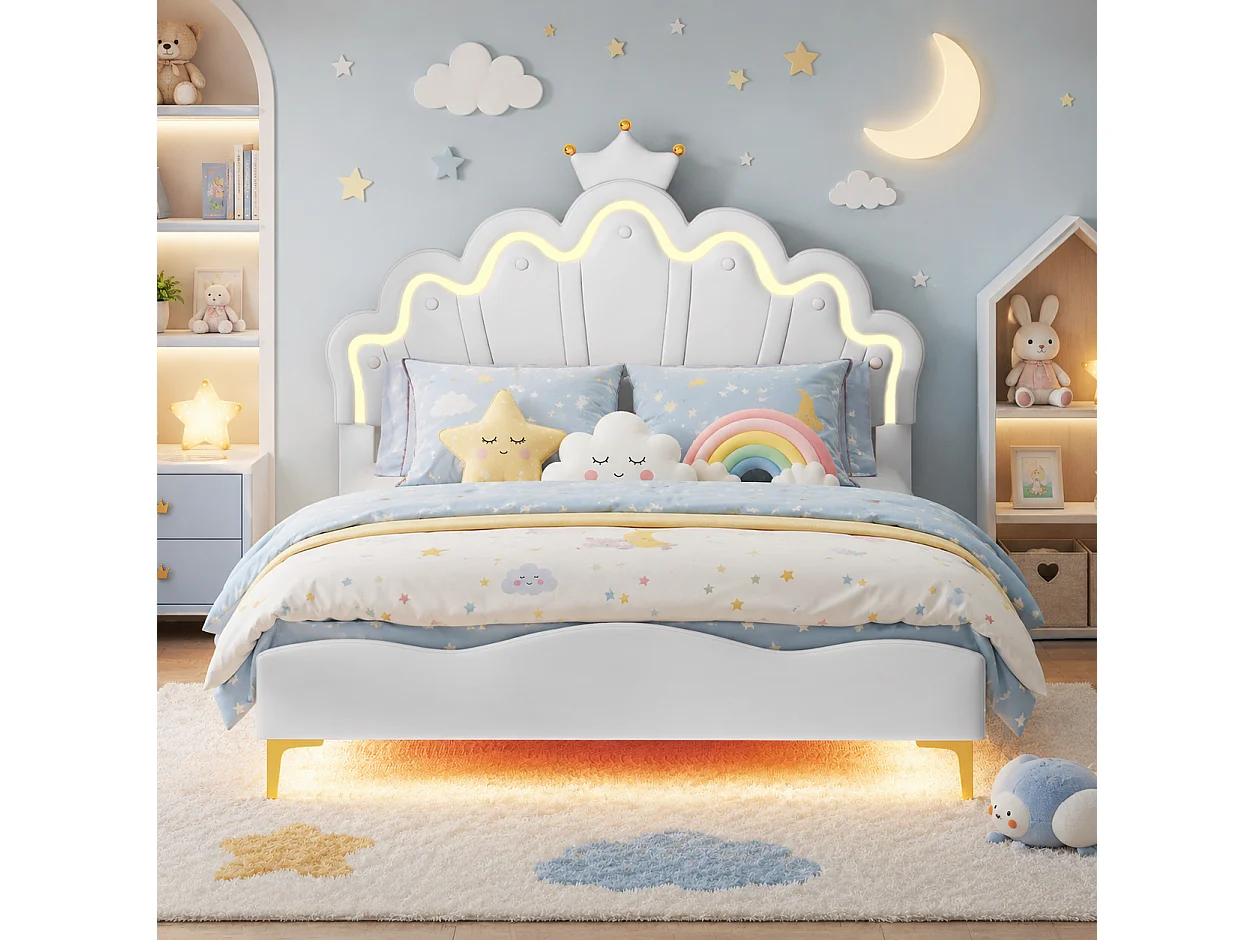 Lit Enfant 140x200 cm, Lit Adolescente Fille en Forme de Couronne, LED Lit Princesse avec Tête de Lits Réglabe, Cadre Lit 1 Place en Nuages, Blanc PU