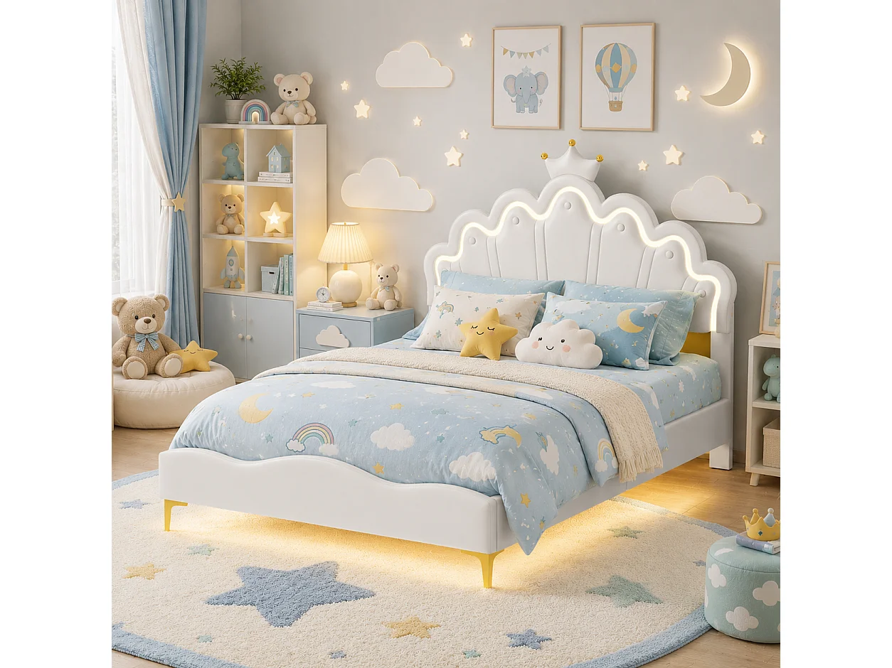 Lit Enfant 140x200 cm, Lit Adolescente Fille en Forme de Couronne, LED Lit Princesse avec Tête de Lits Réglabe, Cadre Lit 1 Place en Nuages, Blanc PU