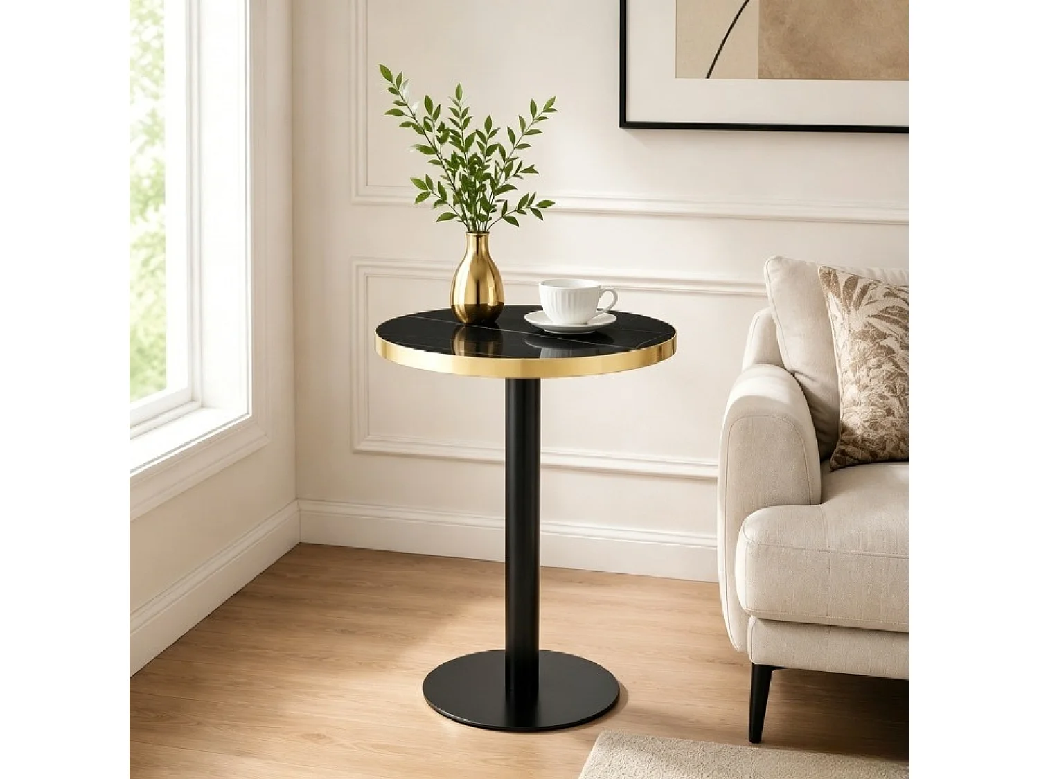Table d'appoint ronde 60 cm effet marbre - Pied en métal - Noir