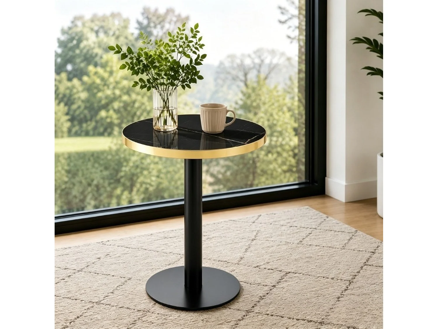 Table d'appoint ronde 60 cm effet marbre - Pied en métal - Noir