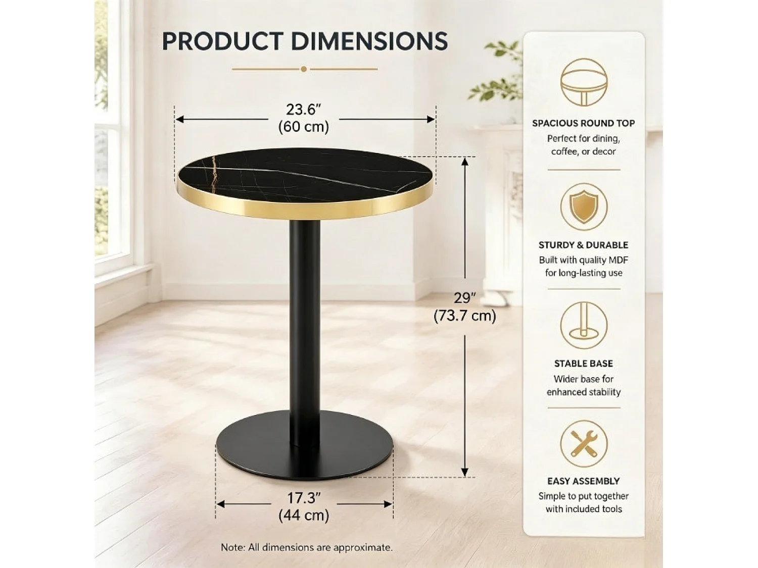 Table d'appoint ronde 60 cm effet marbre - Pied en métal - Noir