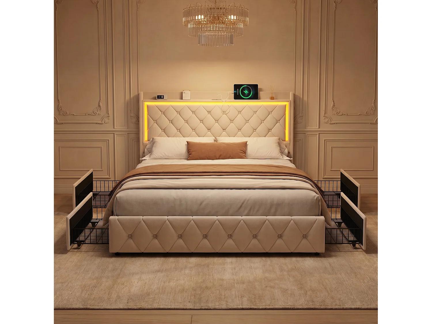 Lit 140x190 cm - Lit Coffre avec Rangement - cadre de lit double 140x190 avec 4 Tiroirs, LED et USB - Lit 2 Personnes avec sommier à lattes - Velours beige