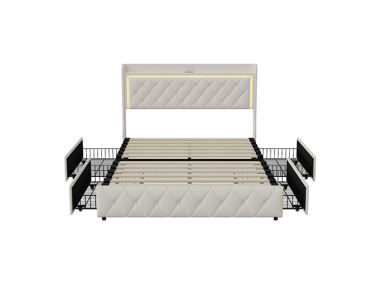 Lit 140x190 cm - Lit Coffre avec Rangement - cadre de lit double 140x190 avec 4 Tiroirs, LED et USB - Lit 2 Personnes avec sommier à lattes - Velours beige