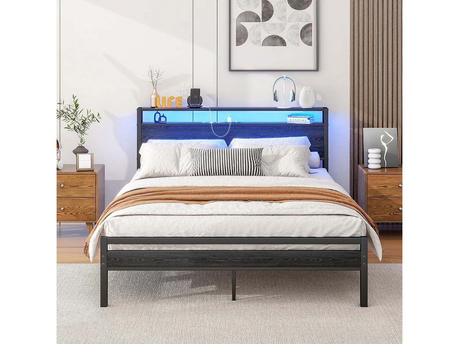 Volwassenenbed 140x200 cm met USB, LED en opbergruimte - MDF en zwart metaal