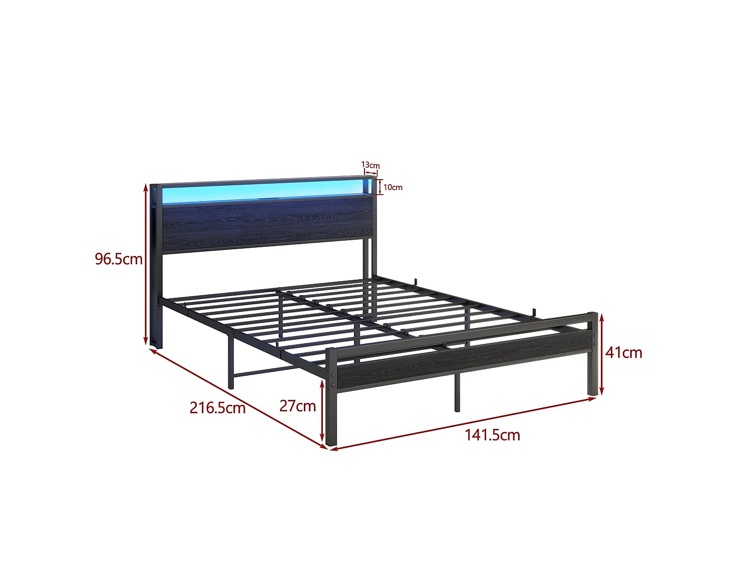 Volwassenenbed 140x200 cm met USB, LED en opbergruimte - MDF en zwart metaal