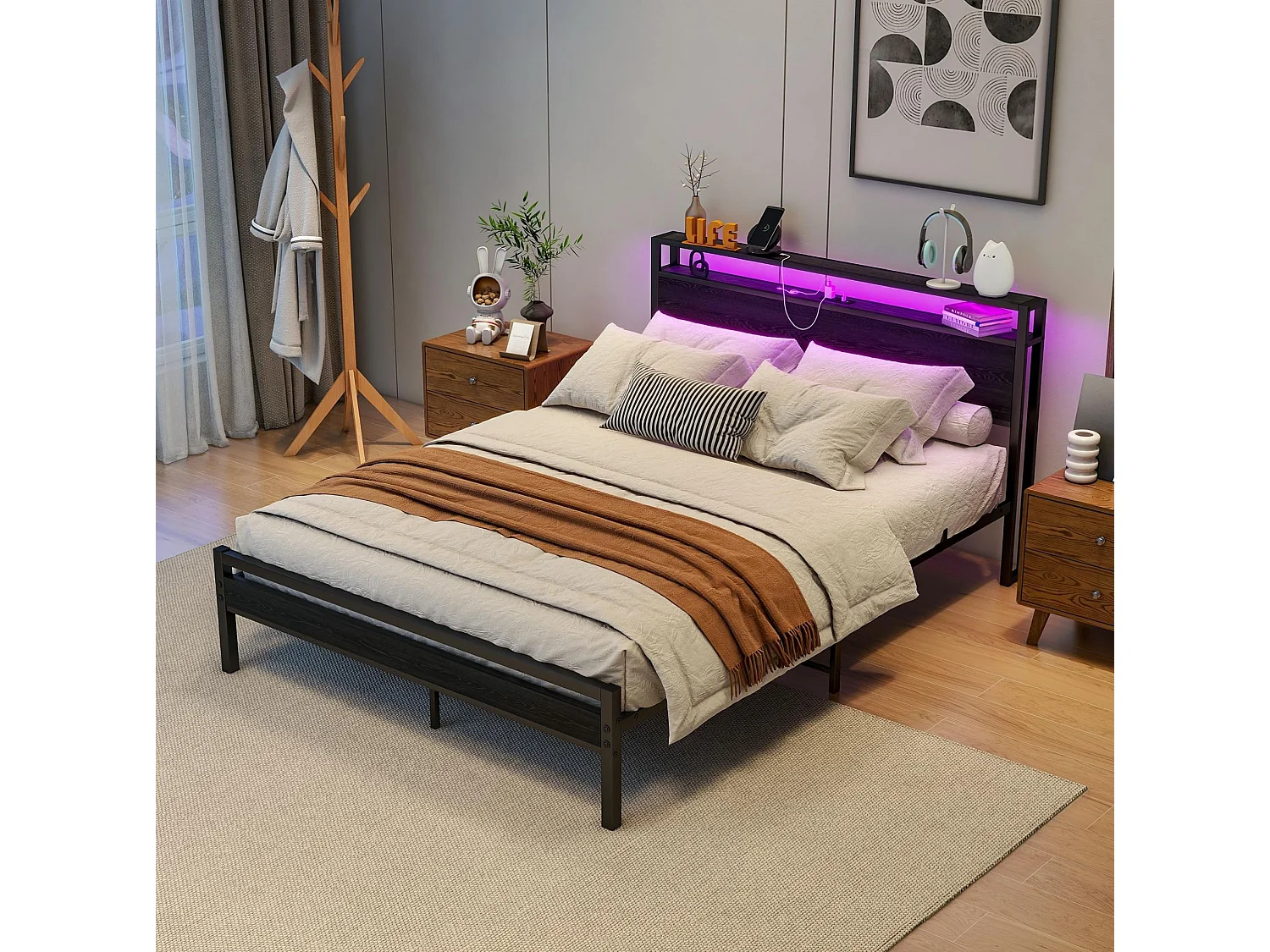 Volwassenenbed 140x200 cm met USB, LED en opbergruimte - MDF en zwart metaal