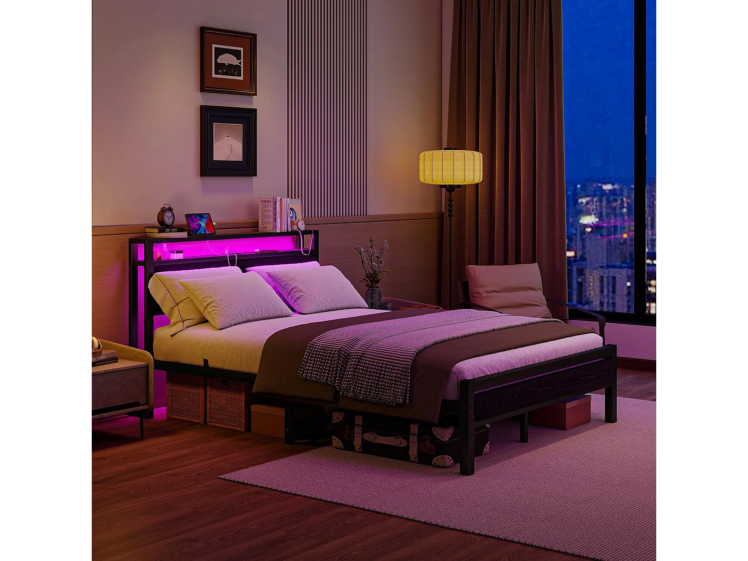 Volwassenenbed 140x200 cm met USB, LED en opbergruimte - MDF en zwart metaal