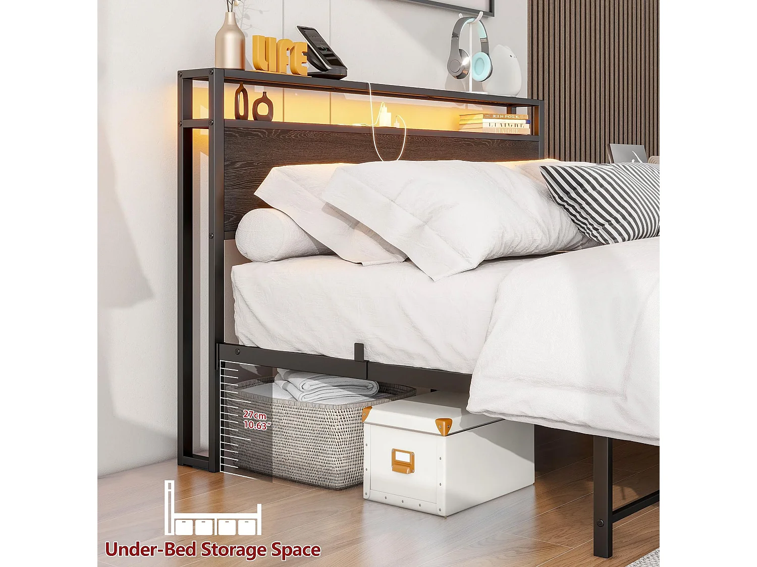 Volwassenenbed 140x200 cm met USB, LED en opbergruimte - MDF en zwart metaal