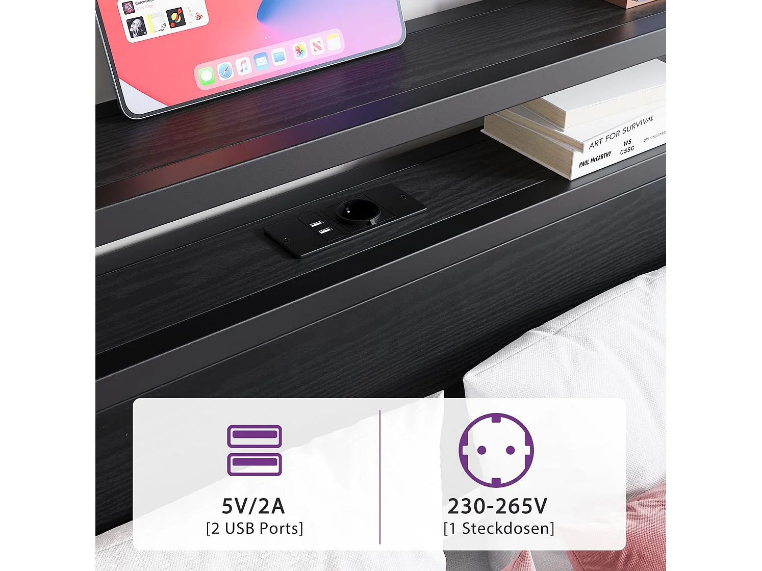 Volwassenenbed 140x200 cm met USB, LED en opbergruimte - MDF en zwart metaal