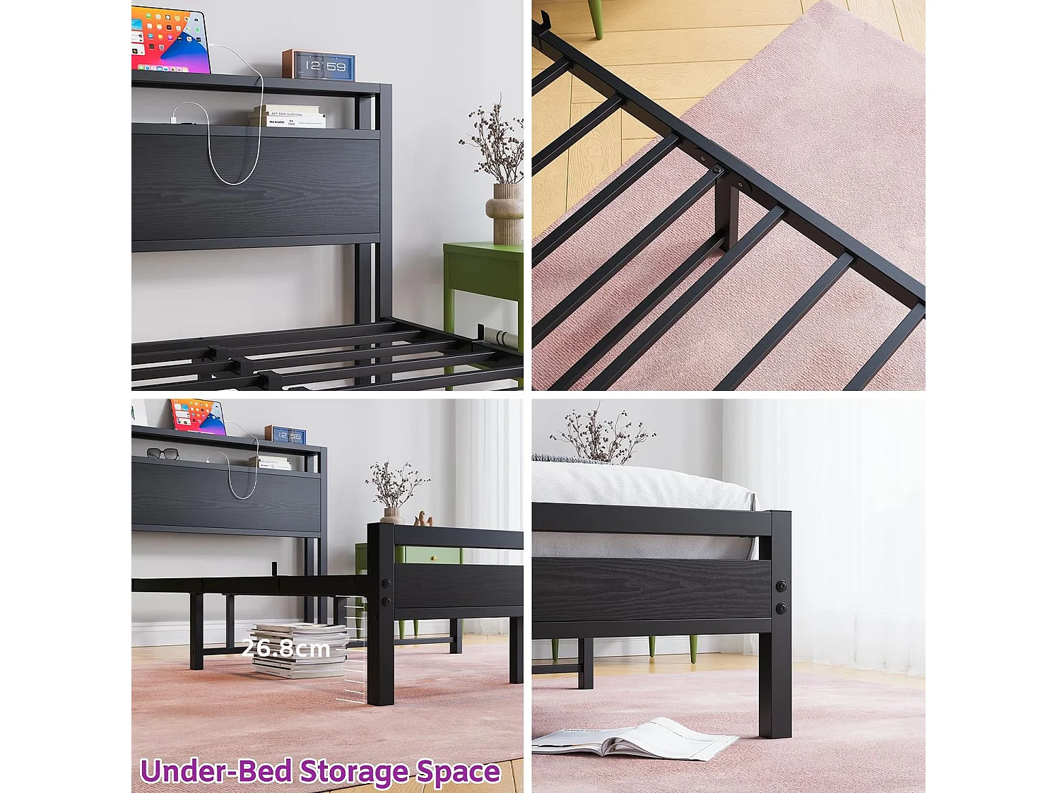 Volwassenenbed 140x200 cm met USB, LED en opbergruimte - MDF en zwart metaal