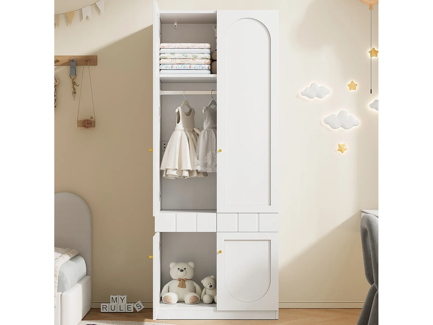 Armoire 80x50x200 cm blanc avec penderie, 4 portes et tiroir