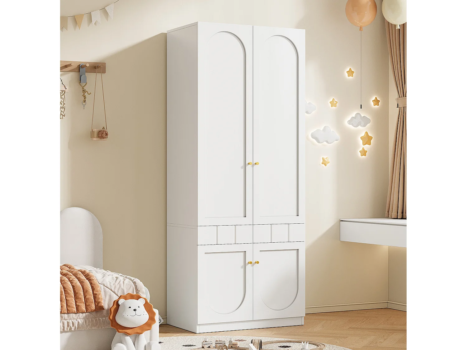 Armoire 80x50x200 cm blanc avec penderie, 4 portes et tiroir