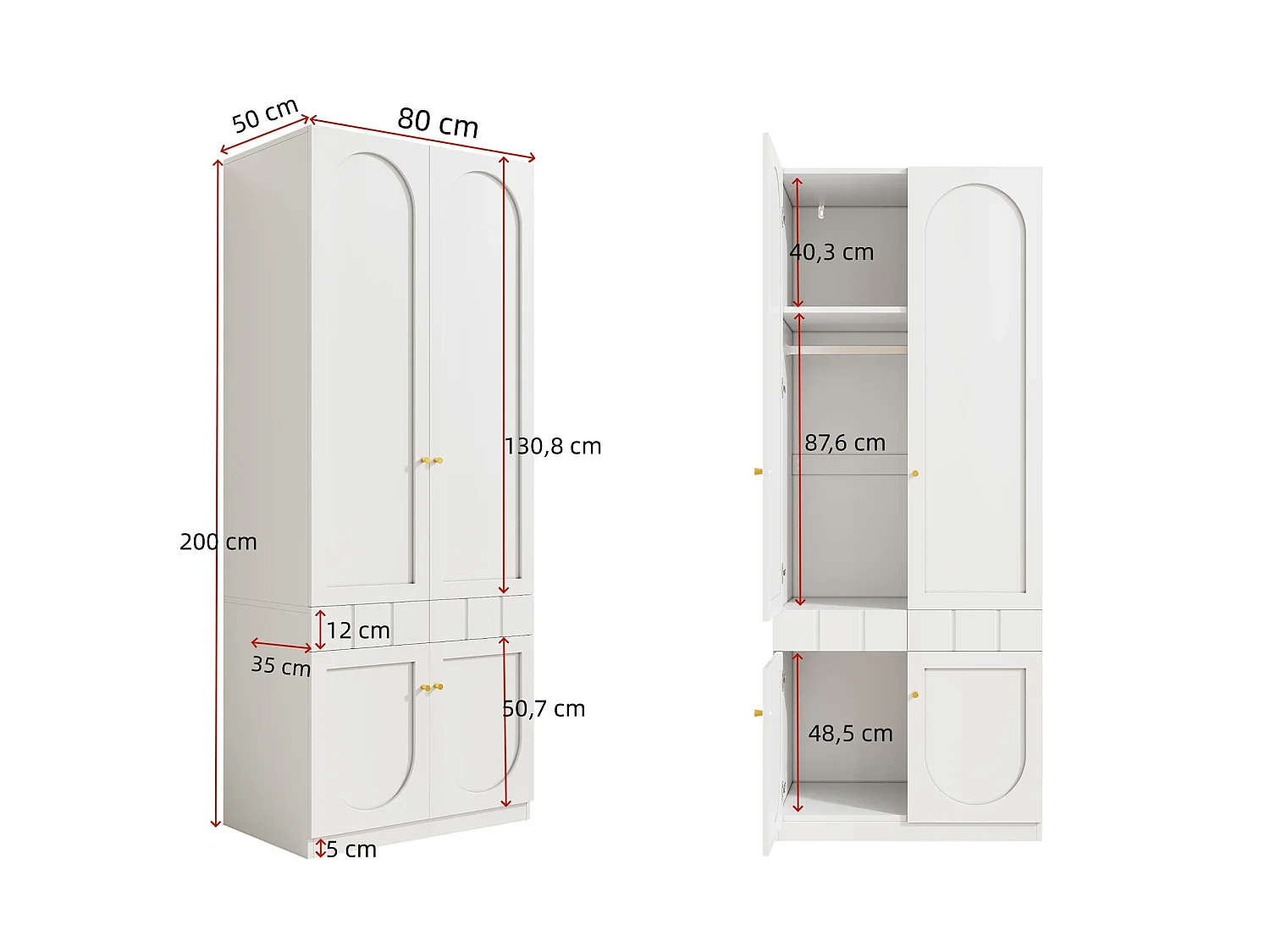 Armoire 80x50x200 cm blanc avec penderie, 4 portes et tiroir