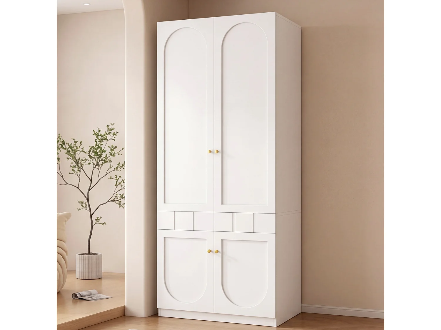 Armoire 80x50x200 cm blanc avec penderie, 4 portes et tiroir