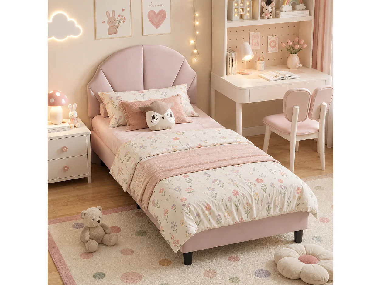 Lit Enfant 90x200 cm avec Sommier à Lattes, Tête de lit Réglable en Hauteur, en Forme de Coquillage, Lit Simple Fille Fille en Velours, Rose