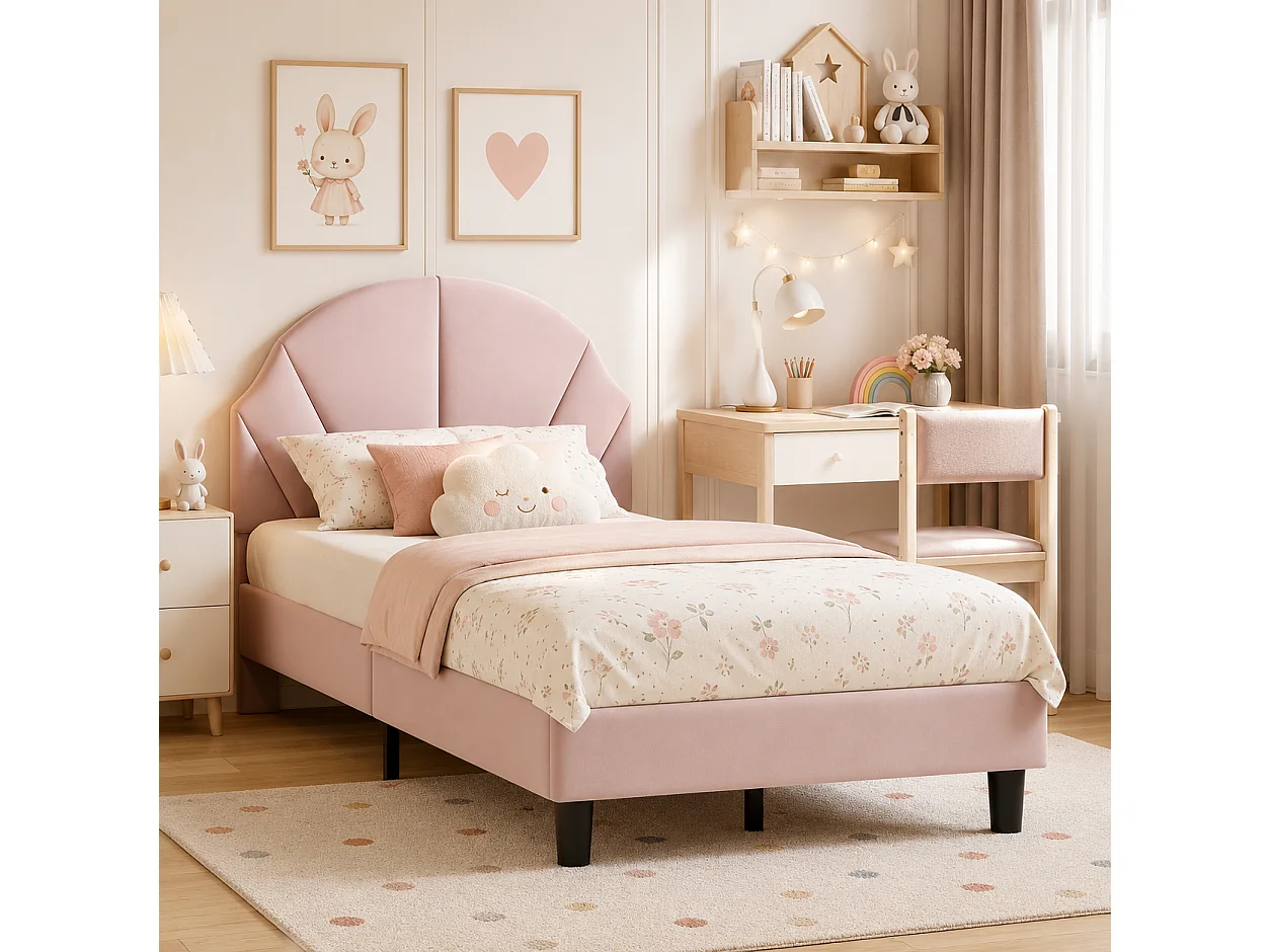 Lit Enfant 90x200 cm avec Sommier à Lattes, Tête de lit Réglable en Hauteur, en Forme de Coquillage, Lit Simple Fille Fille en Velours, Rose