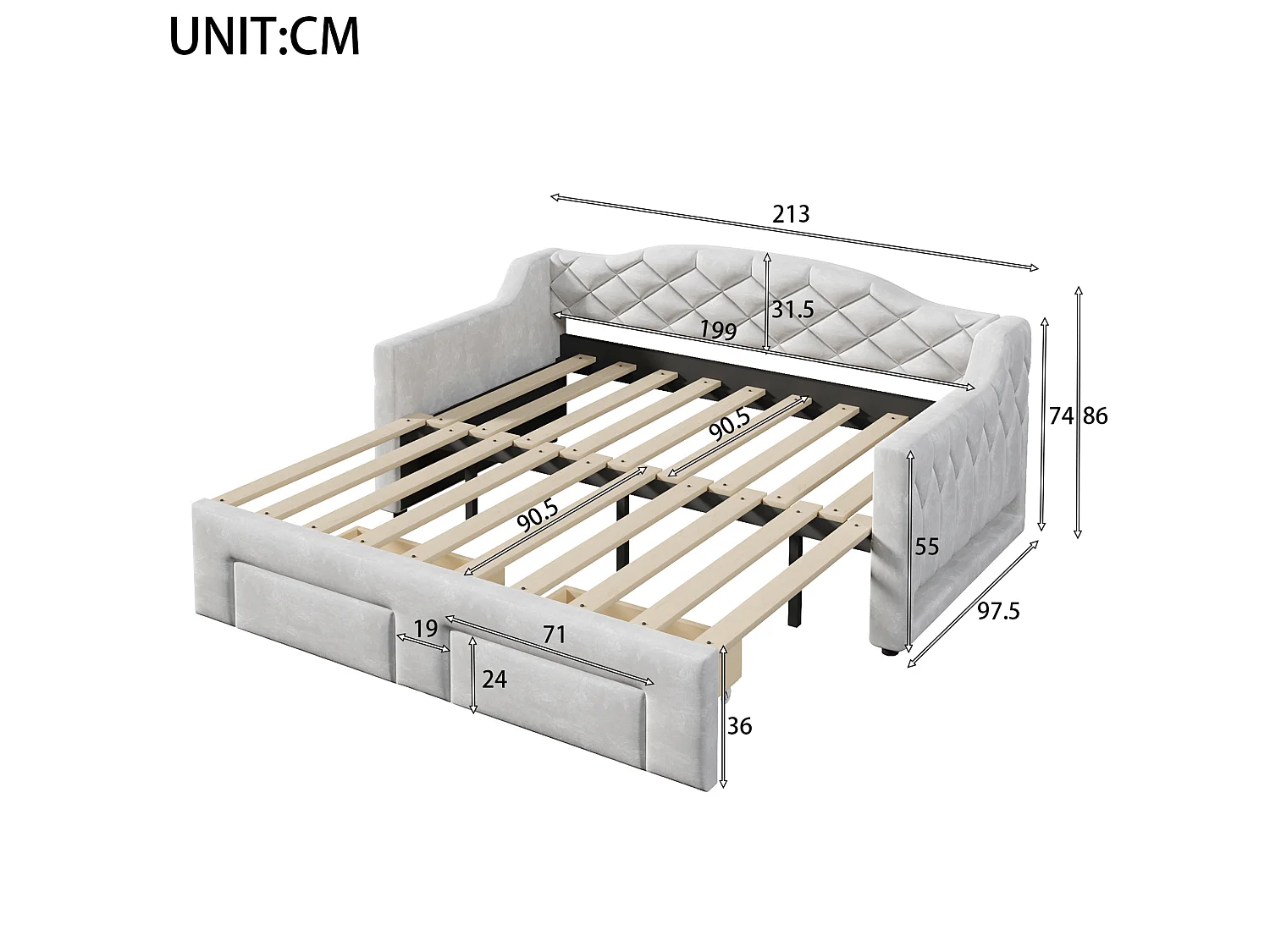 Kinderdagbed 90x200/180x200 cm met 2 lades en ledverlichting - Grijs fluweel