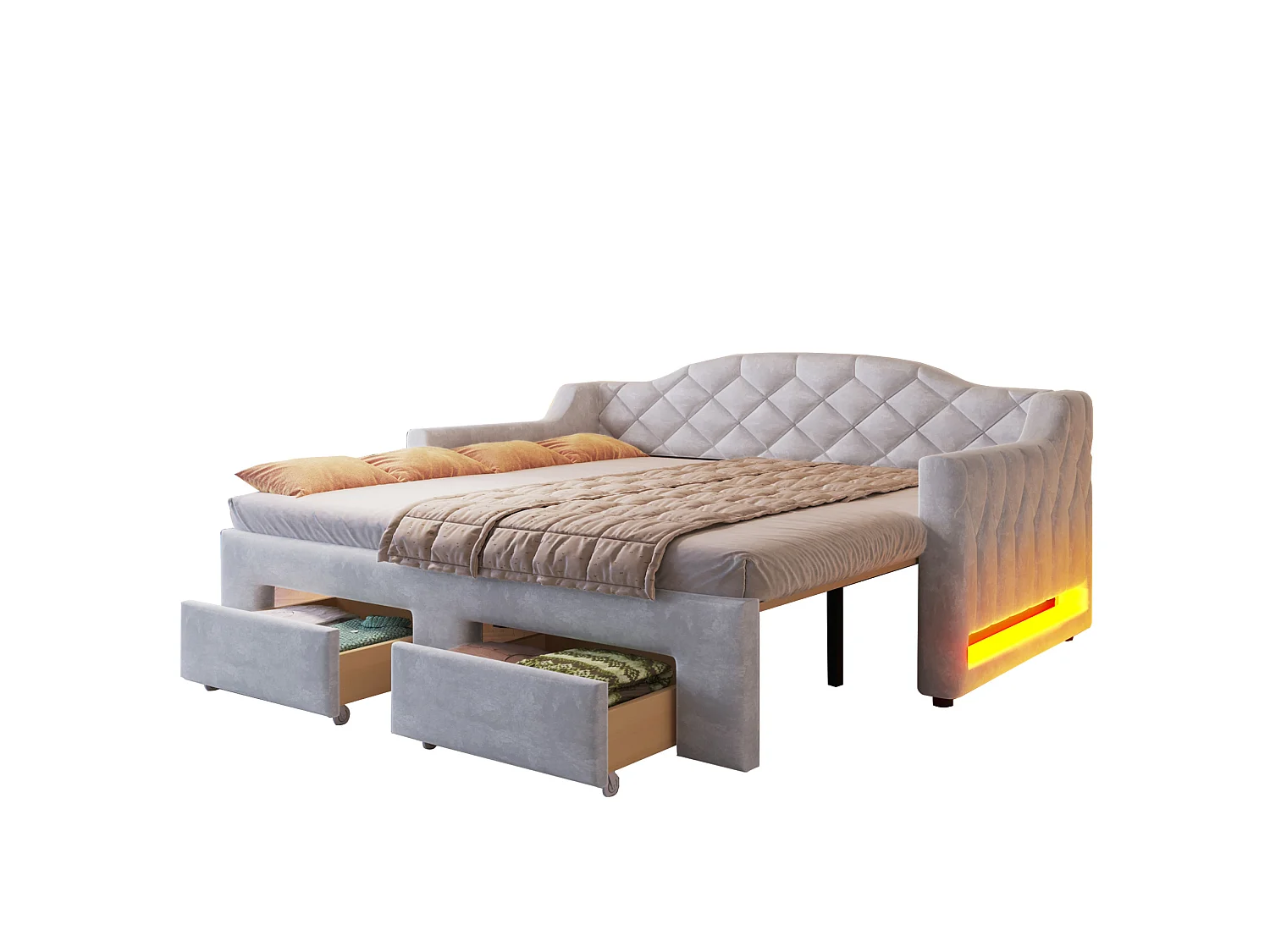 Kinderdagbed 90x200/180x200 cm met 2 lades en ledverlichting - Grijs fluweel