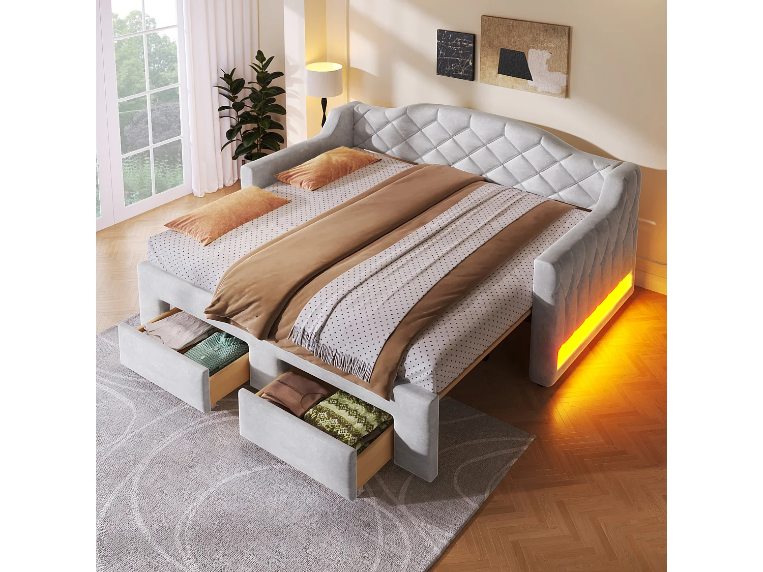 Kinderdagbed 90x200/180x200 cm met 2 lades en ledverlichting - Grijs fluweel