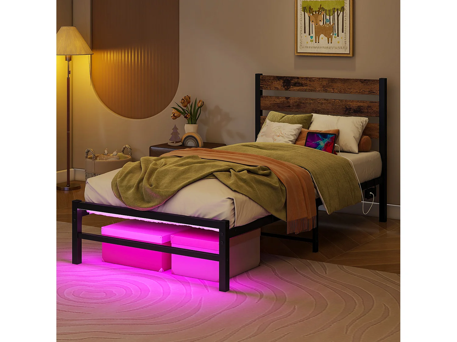 Lit enfant simple 90x200 cm avec tête de lit, USB et LED - MDF et métal - Noir et marron