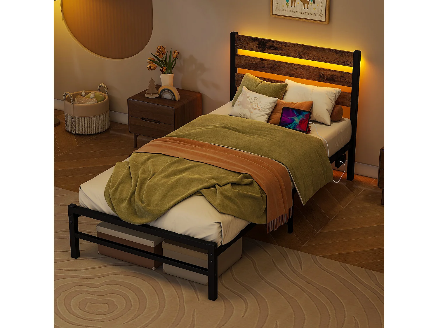 Lit enfant simple 90x200 cm avec tête de lit, USB et LED - MDF et métal - Noir et marron