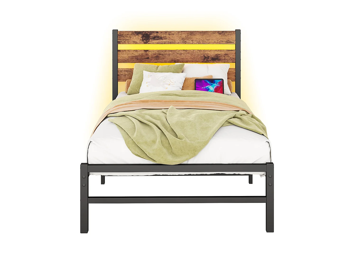Lit enfant simple 90x200 cm avec tête de lit, USB et LED - MDF et métal - Noir et marron