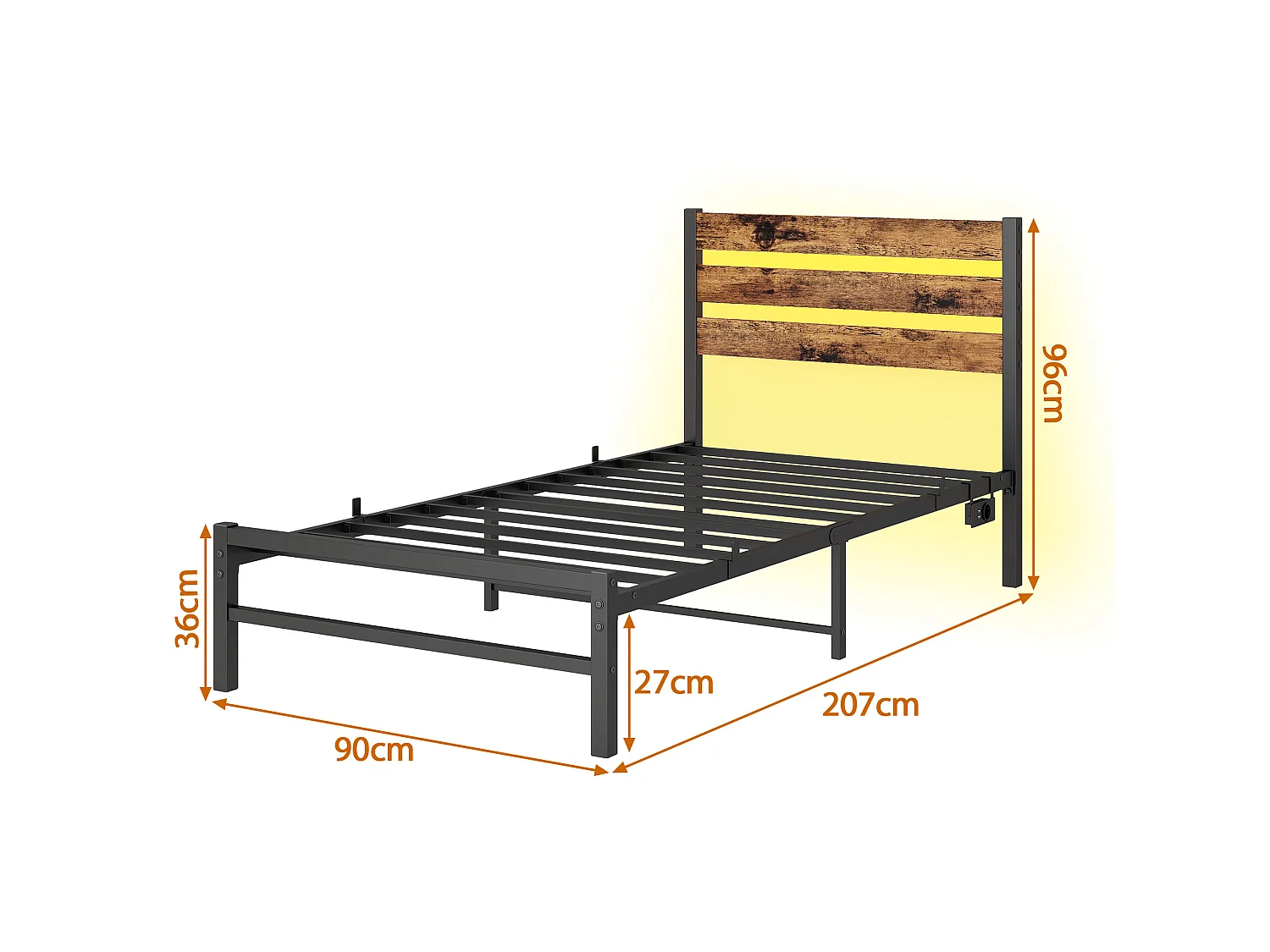 Lit enfant simple 90x200 cm avec tête de lit, USB et LED - MDF et métal - Noir et marron