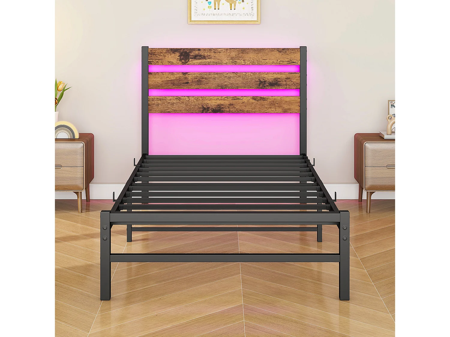 Lit enfant simple 90x200 cm avec tête de lit, USB et LED - MDF et métal - Noir et marron