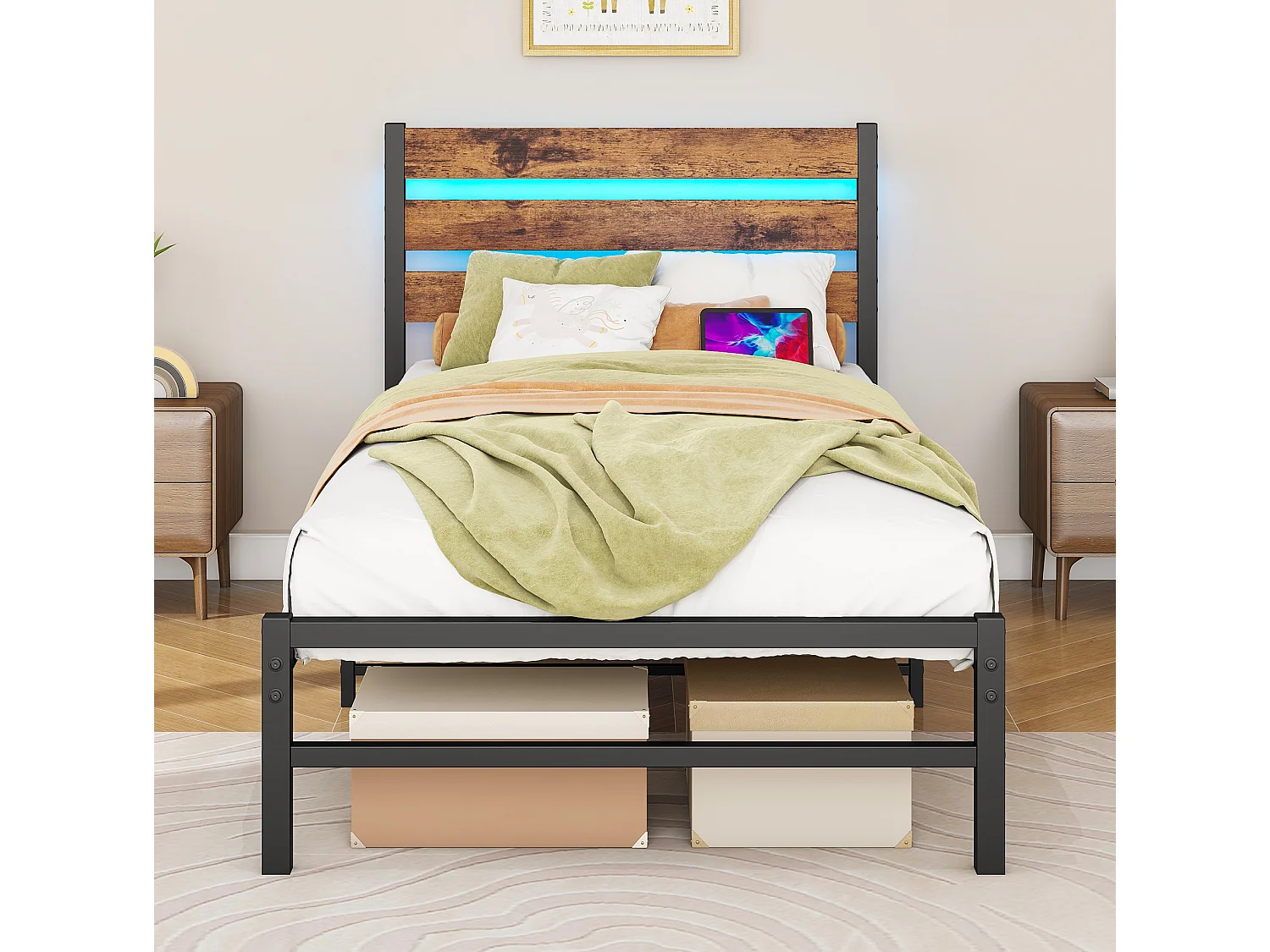 Lit enfant simple 90x200 cm avec tête de lit, USB et LED - MDF et métal - Noir et marron
