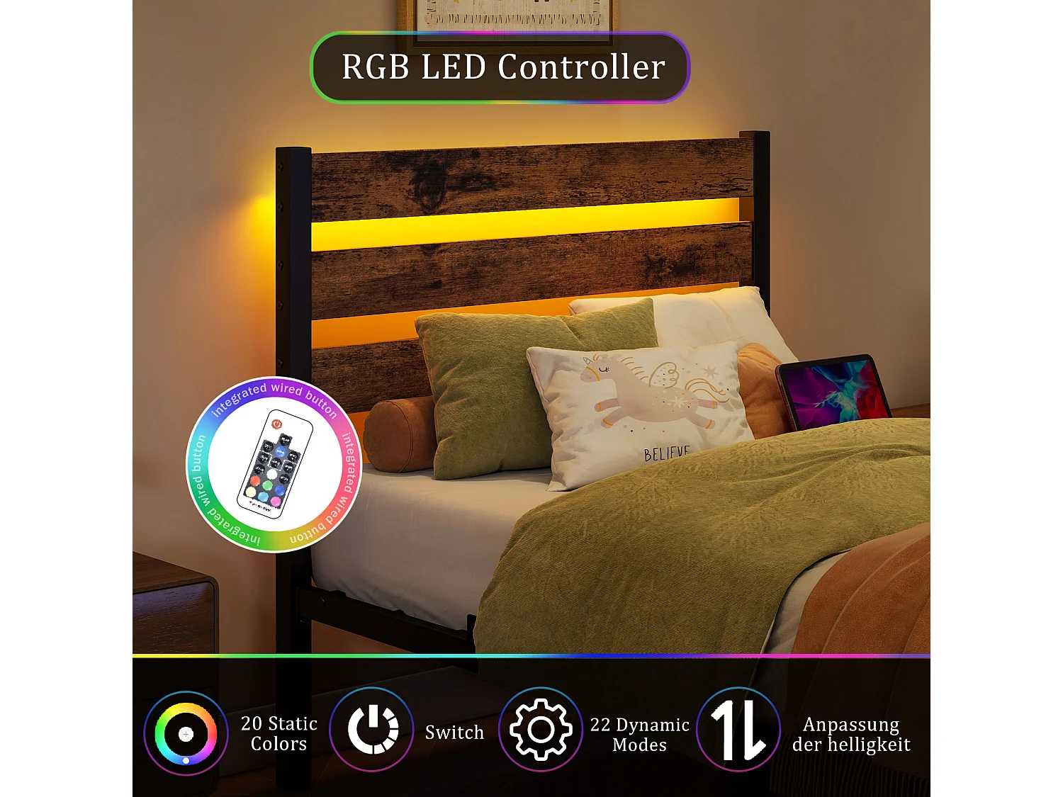Lit enfant simple 90x200 cm avec tête de lit, USB et LED - MDF et métal - Noir et marron