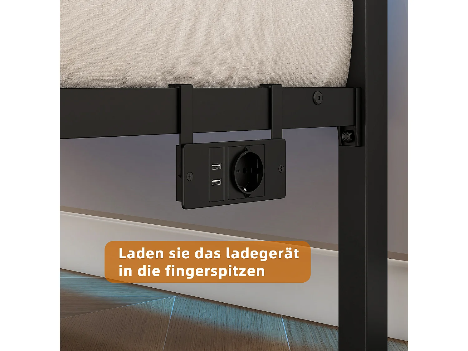 Lit enfant simple 90x200 cm avec tête de lit, USB et LED - MDF et métal - Noir et marron
