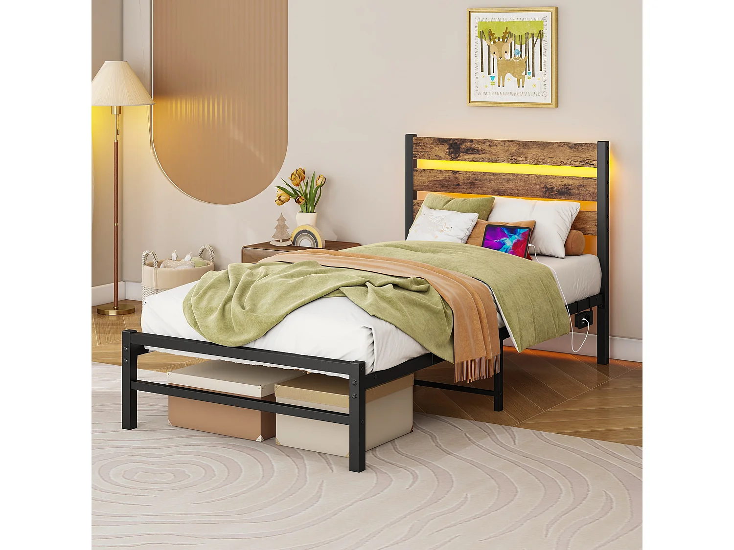 Lit enfant simple 90x200 cm avec tête de lit, USB et LED - MDF et métal - Noir et marron