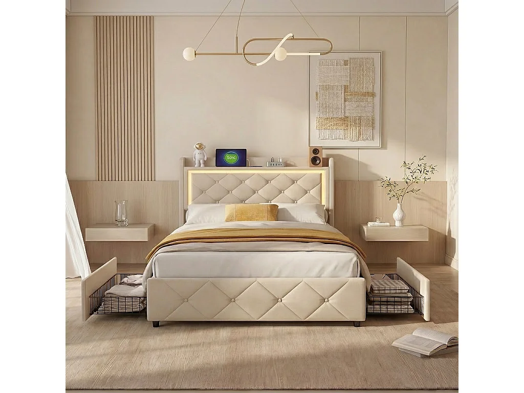 Lit Simple 90x200 cm avec éclairage LED et USB, Lit Enfant avec 2 Tiroirs, Tete de lit Rembourré avec Espace de Rangement, Sommier à Lattes, Beige