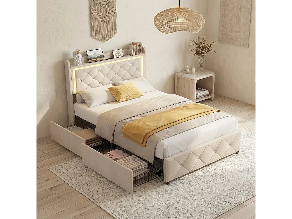 Lit Simple 90x200 cm avec éclairage LED et USB, Lit Enfant avec 2 Tiroirs, Tete de lit Rembourré avec Espace de Rangement, Sommier à Lattes, Beige