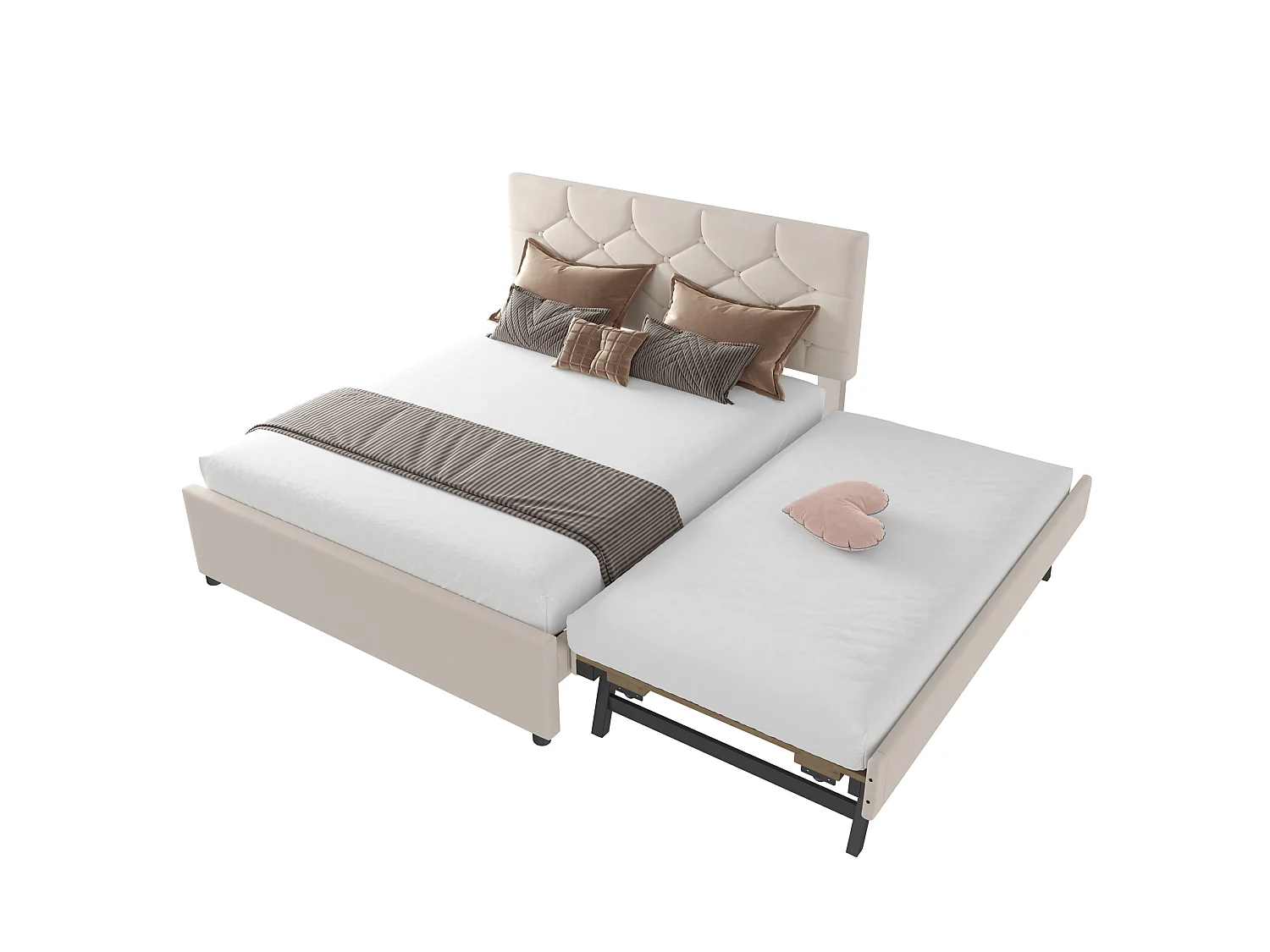 Lit adulte 140 x 200 cm avec lit gigogne 90x190 cm - Velours beige