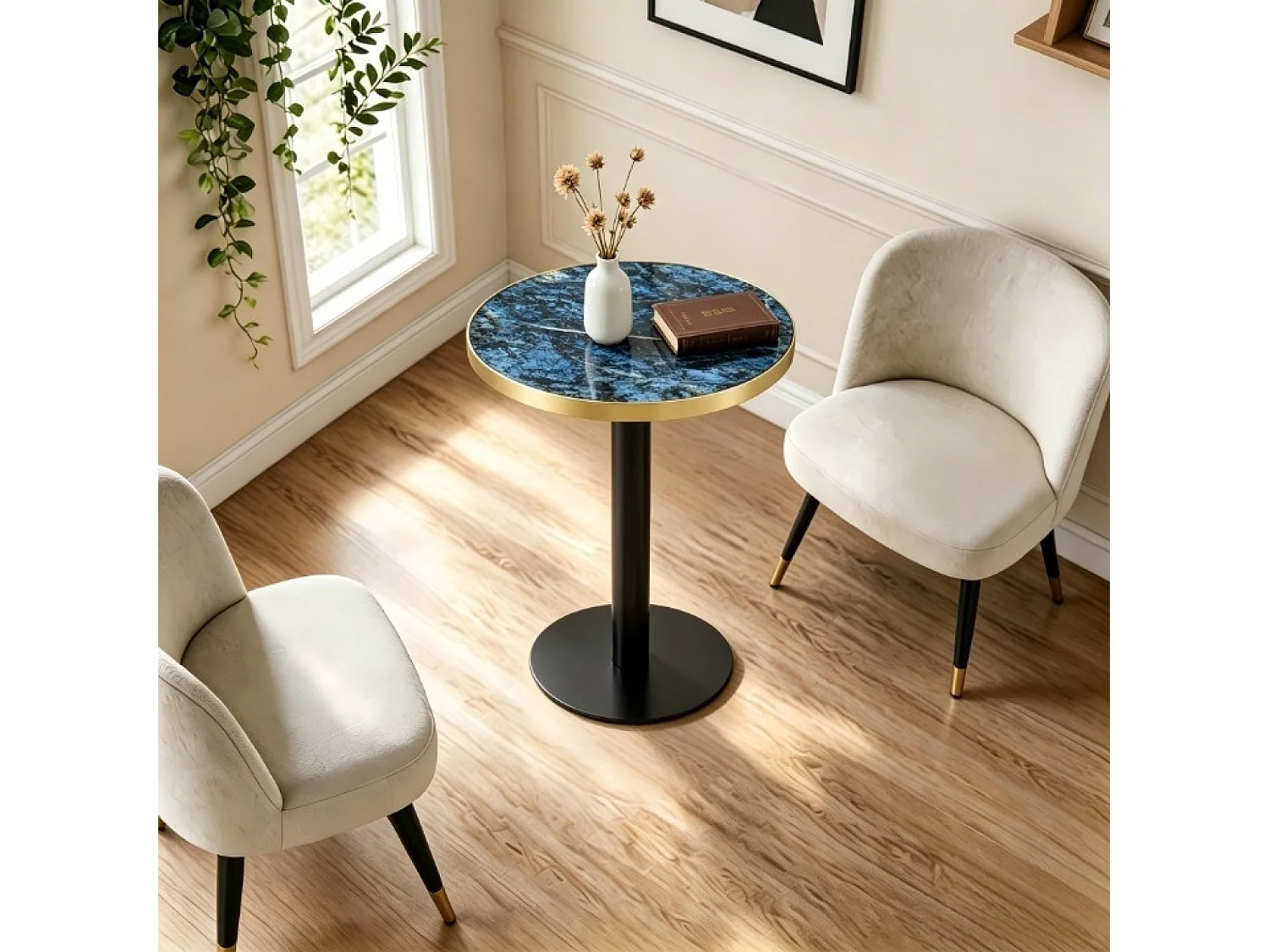 Table d’appoint ronde 60 cm effet marbre bleu - Pied en métal noir