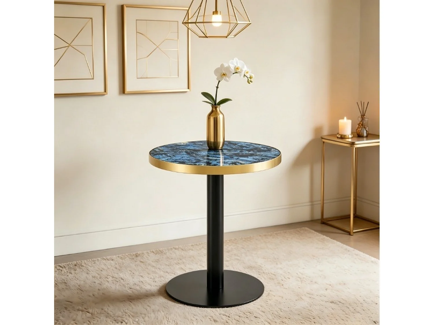 Table d’appoint ronde 60 cm effet marbre bleu - Pied en métal noir