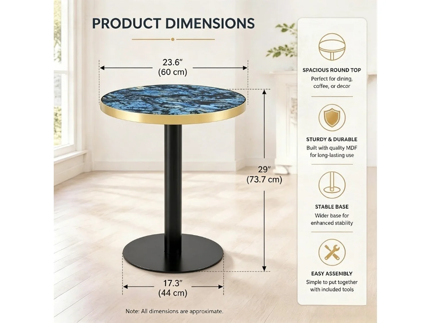 Table d’appoint ronde 60 cm effet marbre bleu - Pied en métal noir
