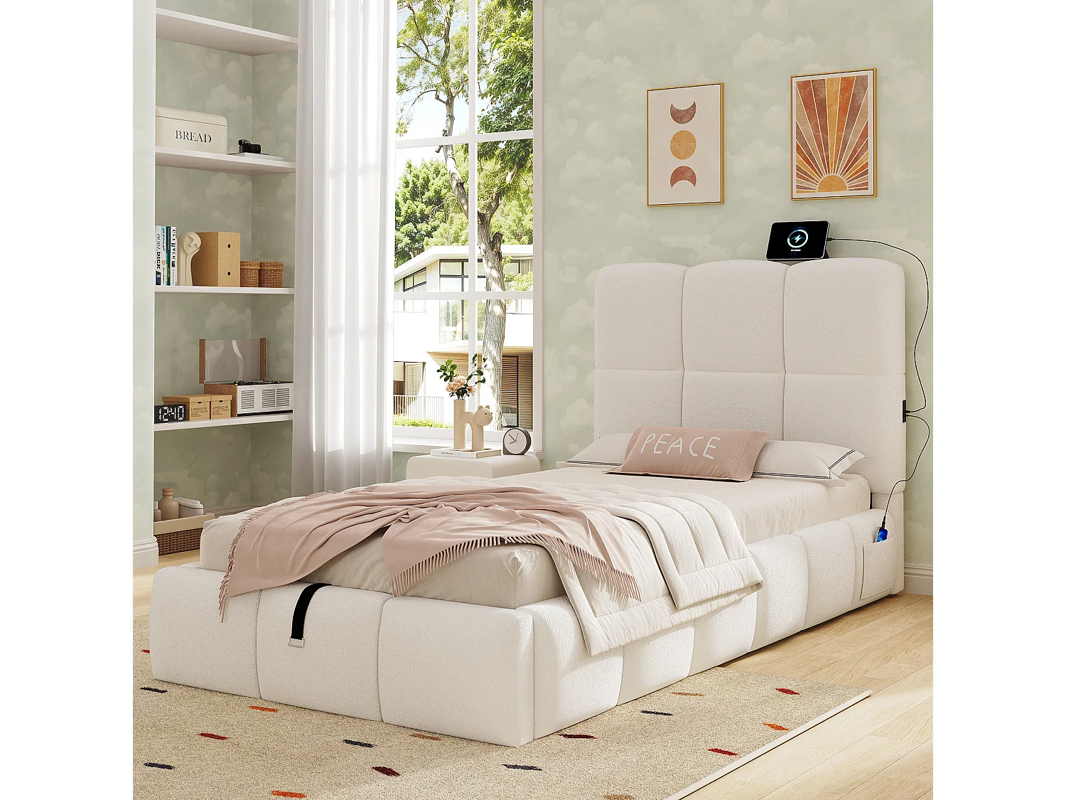 Barnsäng med förvaring 90x200 cm i beige bouclétyg med USB- och Type-C-portar
